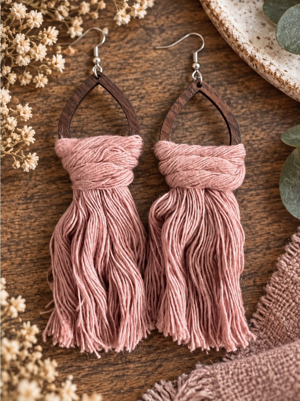 Handmade Pink Macramé Tassel Statement Earrings Boho Wood Drop 3.5”